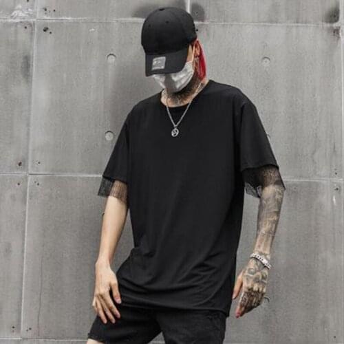 Men summer personality mesh patchwork fake two piece sexy t shirt back split punk rock tshirt nightclub DJ hip hop tees tops