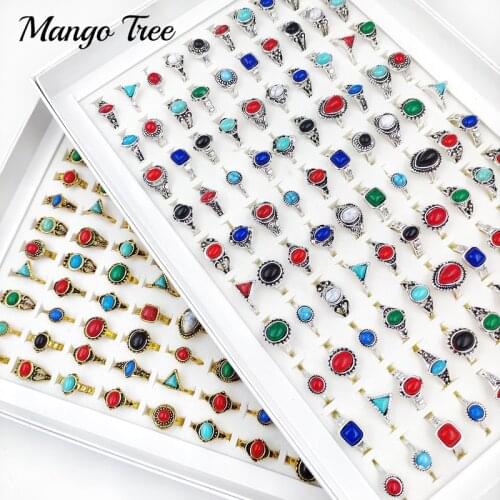 50Pcs/Lot Bohemian Vintage Natural Stone Rings Mixed for Women Antique Silvery Gold Ethnic Tribe Finger Ring Party Jewelry Gifts