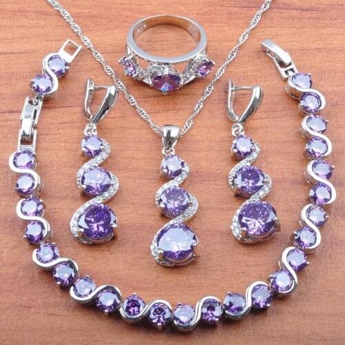 2020 New Women Jewelry Set Wedding Jewelry Purple Zirconia Silver Color Earrings Pendant Necklace Bracelet Ring Set JS0135