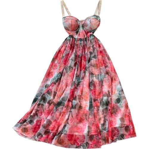 Fashion Spaghetti Strap Printed Dress Female Tunic High Waist Mesh Beach Midi Dresses Women Dress Summer Sexy vestidos mujer