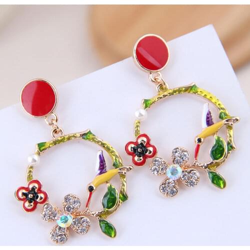 Fashion Korean Gold Color Enamel Leaf Bird Design Round Earrings For Women Multi colors brincos wholesale Jewelry Gift