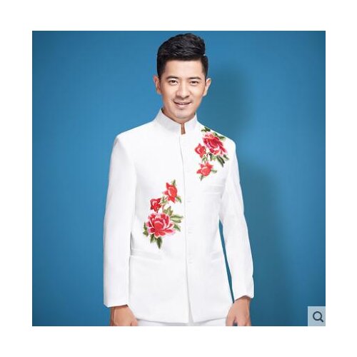 2020 new arrival white slim men embroidery suit set with pants mens wedding suits formal dress mens Chinese tunic suit + pant