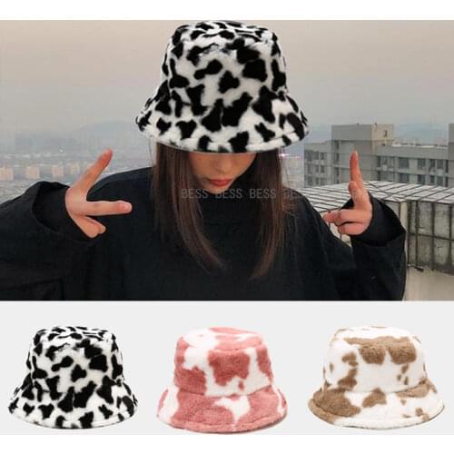 Winter Cow Print Plush Bucket Hats for Women Soft Velvet Fisherman Cap Lady Tourism Outdoor Warm Hat Fashion Flat Top Hats