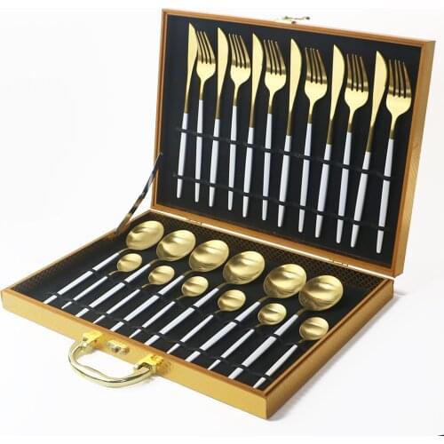24Pcs White Gold Matte Dinnerware Set Stainless Steel Tableware Set Dishwasher Safe Knife Fork Spoon Cutlery Flatware Set