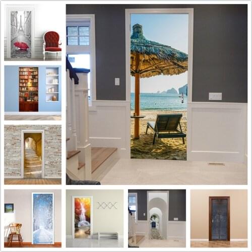 77x200cm 3D Landscape Door Stickers Beach For Living Room Bedroom Home Decor PVC DIY Adhesive Wallpaper Waterproof Mural Decals