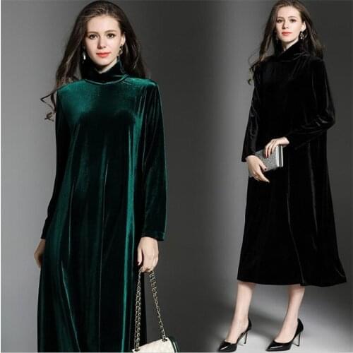 Autumn Winter Velvet Loose Dress 2020 Plus Size Long Sleeves Turtleneck Tunic Elegant Women Dress Casual Vintage Party Dress