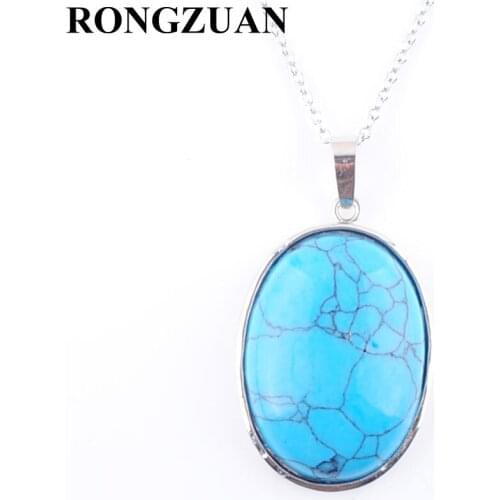 RONGZUAN Natural Blue Turquoises Stone Oval Reiki Chakra Bead Chain Necklaces & Pendants Jewelry Women Fashion Jewellery TN3213