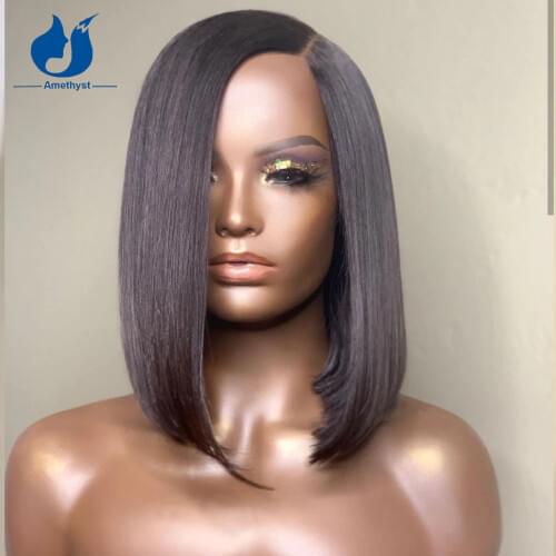 Amethyst Silk Top Lace Front Human Hair Wig Brazilian Glueless Straight Bob Cut Lace Front Wigs Silk Base For Black Women