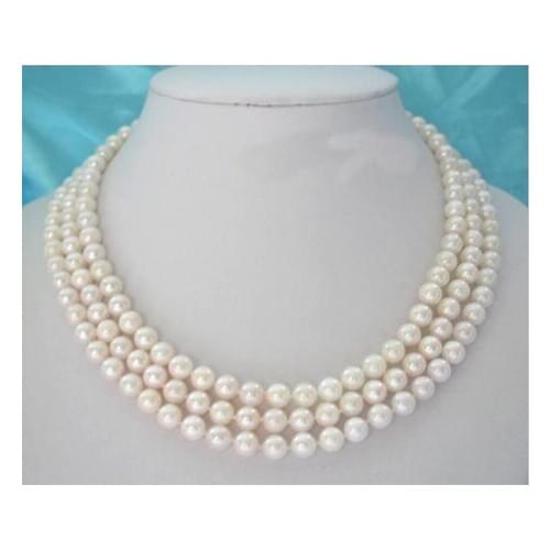 Stunning Real Pearl Jewellery, 3 Rows AA 7-8MM Pink Color Perfect Round Freshwater Pearls Necklace,New Free Shipping