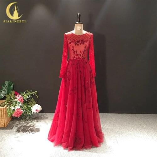 JIALINZEYI Real Sample Image Dark Red Long Sleeves Beads Desigh Flowers Floor Length Dress for Party Evening Dresses