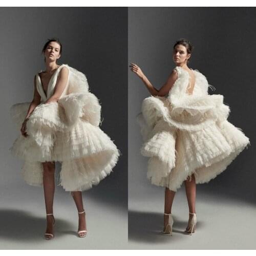 Luxury Wedding Dresses Short Deep V Neck Tulle Ruffles Tiered Skirts High Low Wedding Dress Custom Feather Abiti Da Sposa