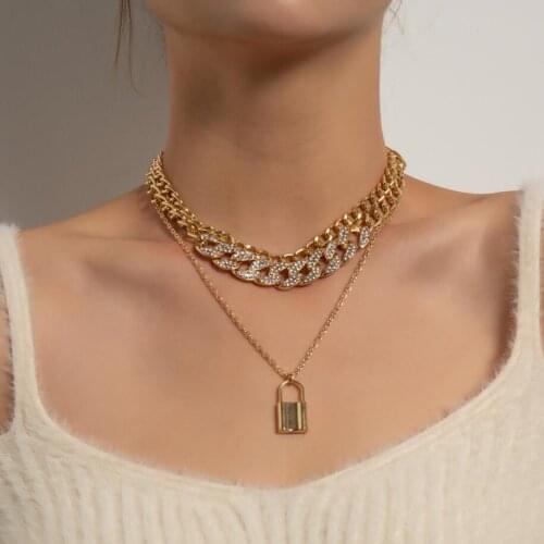 Luxury Rhinestones Chunky Chains Multi-layered Women`s Collar Choker Lock Pendant Necklace Bijoux