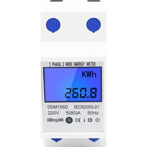 Single Phase 2Wires Din Rail 5(80A) Energy Meter Electric Meter Monitor DDM15SD with LCD Backlight