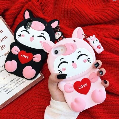 3D Cartoon Cute Pig Lucky Love Cat Silicone Cover For iPhone 5 5s SE 5C 6 6s X XR Xs 11 Pro Max 7 8 Plus Phone Case Fundas Coque
