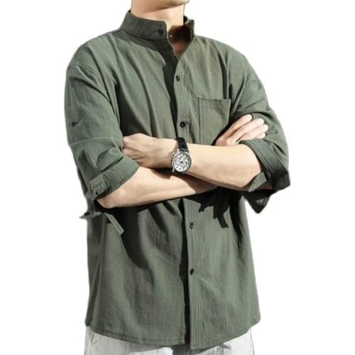 Solid Colors Long Sleeve Shirts Chinese Style Wear Stand Collar Loose 100% Cotton White Black Shirt Short Sleeve Shirt 5XL