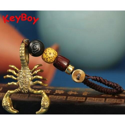 Pure Brass Vintage Solid Scorpion Figurine Car Keychain Pendant Jewelry Handmade Copper Animal Woven Rope Key Chain Ring Hanging