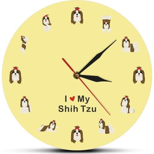 I Love My Shih Tzu Dog Nursery Animal Wall Decorative Clock Chinese Lion Dog Breed Cartoon Puppy Design Hanging Wall Watch