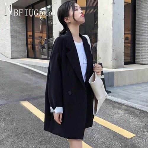 2020 Black Color Korean Loose Women Coat Long Sleeve Lapel Female Jacket