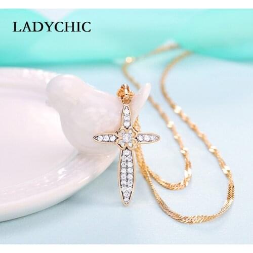 LADYCHIC Fashion Flower Style Cross Pendant Gold & Silver Color Hollow Cubic Zircon Necklace for Women Party Jewelry Gift LN1090