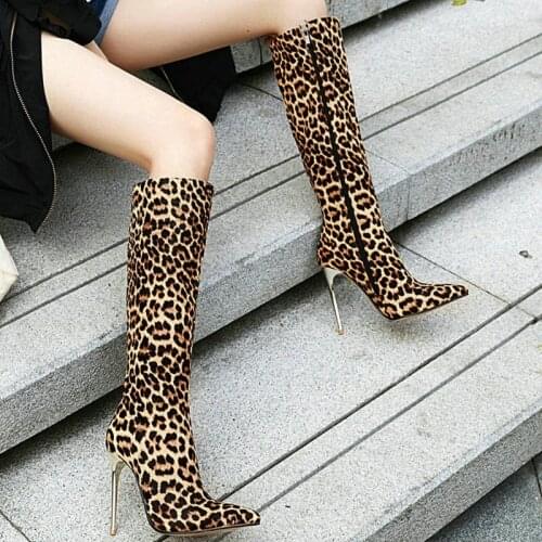 Women Knee Length High Boots Thin Bottom 10CM Stiletto Ladies Boots Snake Print Artificial Leather Autumn Winter High Heel Boots