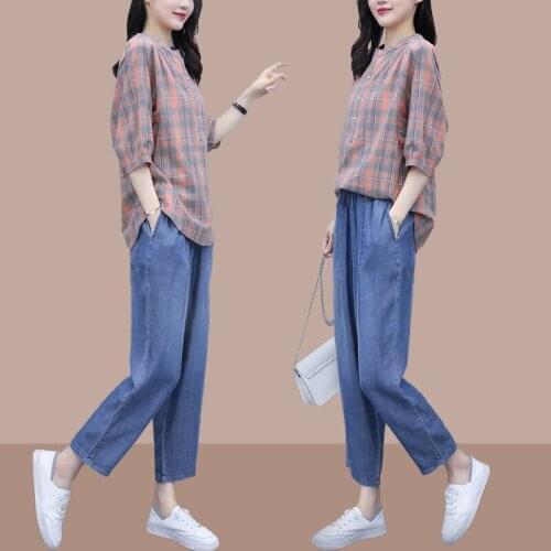 Female 2021 Summer Loose Printing Short Sleeve Top and Nine Points Jeans Suits Casual Two-piece Suit Women Outfits X153