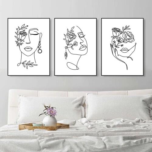 Flowers Womens Faces Line Art Print Poster Female Wall Art Picture Canvas Painting Minimalist Artistic Living Room Decoration
