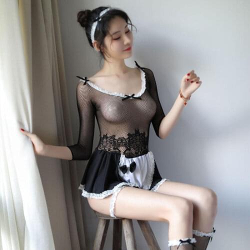 2020 Sexy Lingerie Round Neck Low-Cut Mesh Hollow Pattern Bow Knot Decoration Apron Maid Outfit Tight-Fitting Cosplay Uniform