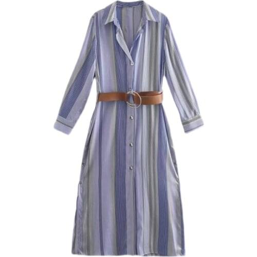 2021 Spring Womens Dresses Contrast Color Stripe With Belt Female Dress Single-breasted Split Long Sleeve Shirt Skirt Mujer