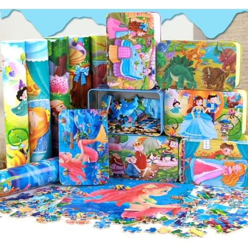 200pcs Wooden Puzzle Cartoon Toy 3D Wood Puzzle Iron Box Package Jigsaw Puzzle for Children Early Educational Montessori Toys