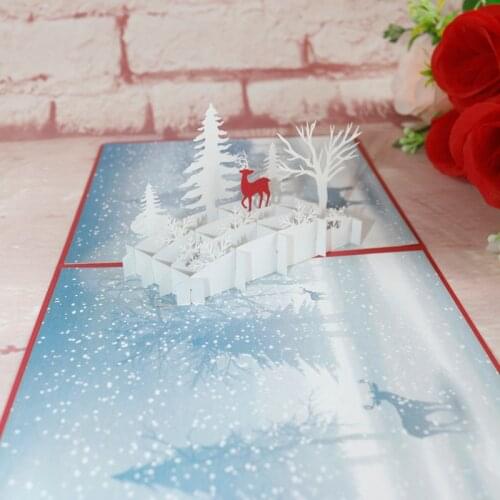 3D Handmade White Snowflake Forest Red Elk Deer Paper Invitation Greeting Cards PostCard Merry Christmas Kids New Year Gift