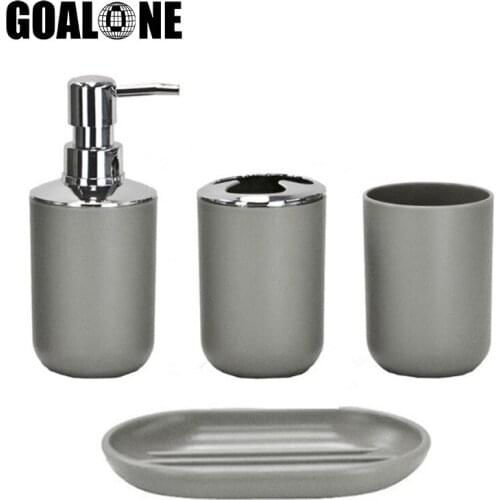 GOALONE 4PCS Bathroom Accessories Soap Dish Toothbrush Holder Soap Dispenser Toothpaste Cup Bamboo Bathroom Accessories Sets