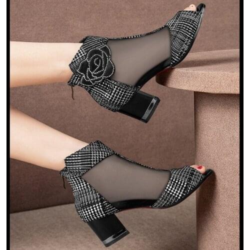 NEW Sandals Boots Mesh Lace Shoe Woman Ankle Boots Peep toe High Heeled Sexy Shoes Back Zip Chunky Heel Flower Black Red 35-41