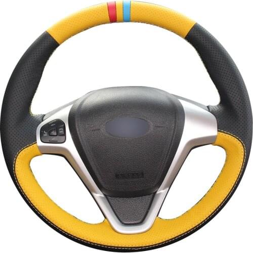DIY Customize Braiding Black Yellow Natural Leather Red Yellow Light Blue Marker Car Steering Wheel Cover For Ford Fiesta 2008