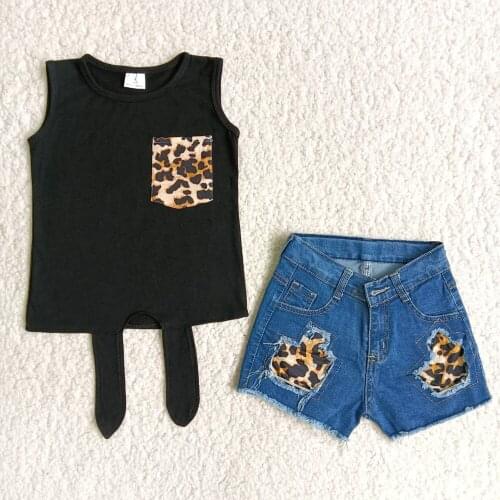 Boutique Kids Clothes For Summer Baby Girls Fashion Sleeveless Top Match Denim Shorts Children Outfit With Leopard Pocket