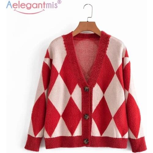 Aelegantmis Vintage Argyle Loose Sweater Cardigans Women Korean Fashion Red V Neck Knitted Cardigan casual oversized cardigan