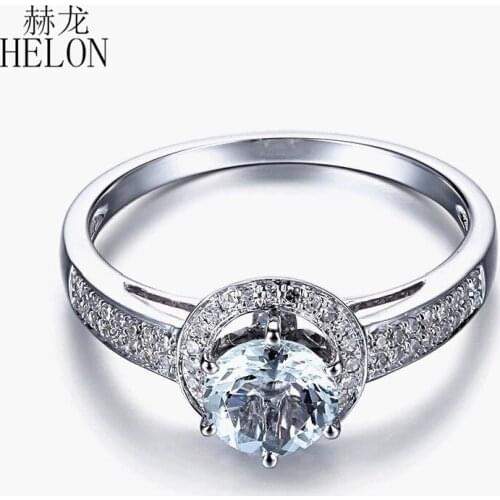 HELON Solid 10K White Gold 6mm Round Cut Genuine Aquamarine Natural Dinamonds Ring Diamonds Engagement Wedding Halo Ring