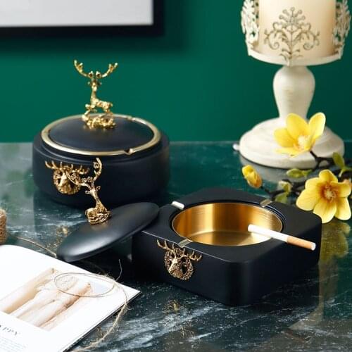 Creative Ashtray With Lid Anti-Fly Ash Luxury Golden Deer Design Home Decoration Craft Gift for boyfriend! Round&Square 2 design