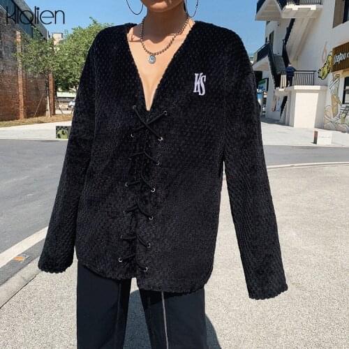 KLALIEN autumn street casual black long coat womens 2019 hot sale pure retro leisure loose coat lace-up Slim Cardigan jackets