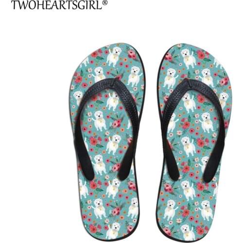 Twoheartsgirl Westie Flower Pattern Summer Beach Flip Flops Cute Ladies Inside Outside Slippers Rubber Female Fashion Flipflops