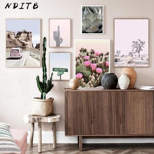 Scandinavian Cactus Bus Desert Travel Landscape Poster Nordic Nature Canvas Print Wall Art Painting Home Room Decoration Picture
