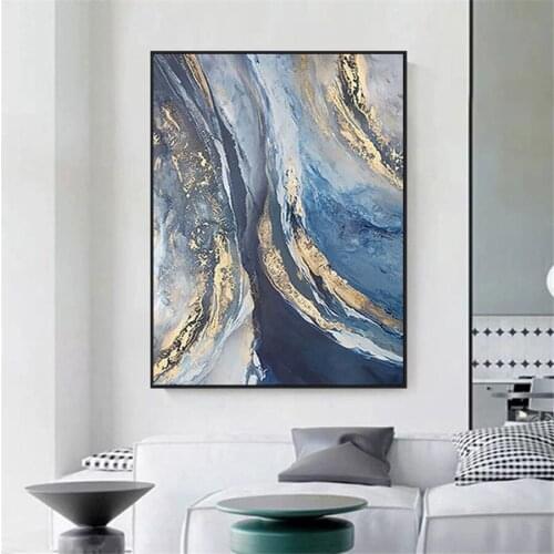 Holiday gift abstract blue gold foil hand-painted oil painting blue modern gold wall art hanging painting living room decoration