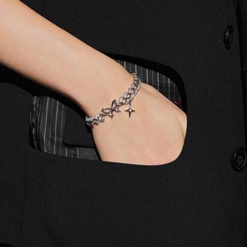 Origin Summer Delicate Chunky Chain Butterfly Cross Charm Bracelet for Women Silver Color Hollow Rhinestone Bracelet Jewelry