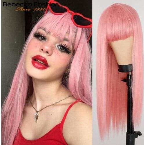 Rebecca Straight Wig With Bangs Brazilian Remy Ginger Pink Straight Human Hair Wigs Pre Plucked For Women Rebecca Straight Hair