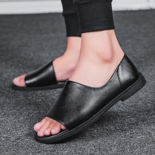Men Sandals Outdoor Summer Black Genuine Leather Roman Sandals Male Casual Shoes Slip on Beach Fashion Outdoor Slippers Shoes