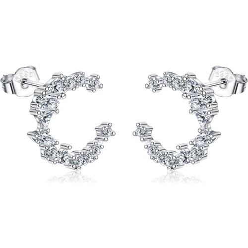 SILVERHOO 925 Sterling Silver Shining Moon Earrings For Women Trendy Cubic Zirconia Earrings Stud Romantic Engagement Jewelry