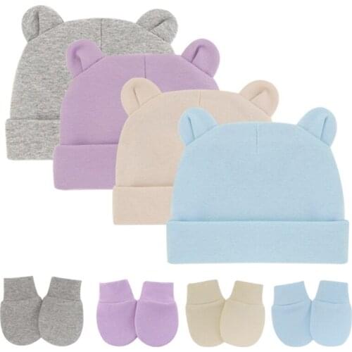 Newborn Baby Cotton Beanies Hospital Hat and Mittens Set Solid Candy Color Stretchy Infant Warm Anti Scratching Gloves 0-1