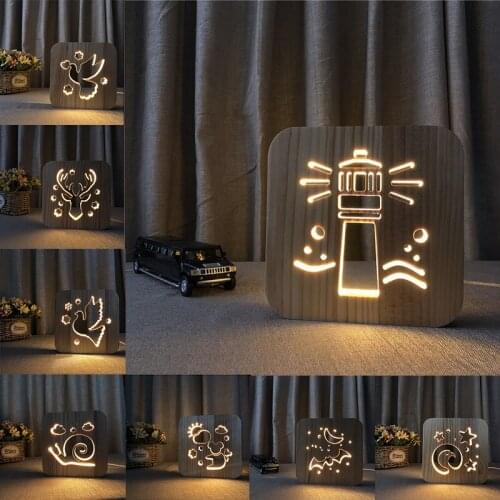 Acecorner LED USB Night Light Wooden Lighthouse Elk Head Animal Lamp Novelty Kid Bedroom 3D Decoration Table Lights Child Gift