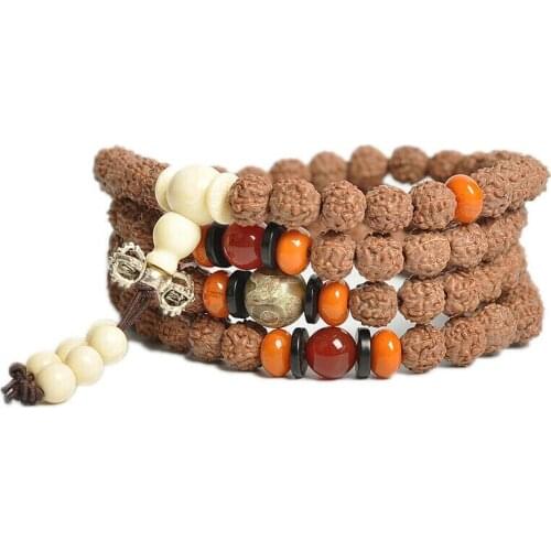 Tibetan Buddhism 108 Rudraksha Prayer Bead Dzi Agate Mala Necklace