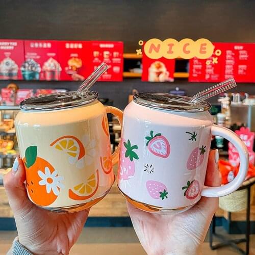 Creative Fruit Ceramic Mug INS With Glass Straw Handy Cup With Lid Office Home Lovely Fruit Breakfast Milk Water Bottle