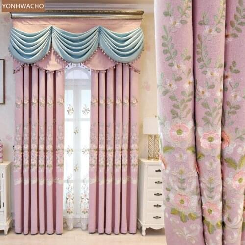 Custom curtains European chenille living room embroidered shade thick pink cloth blackout curtain valance tulle drape C895